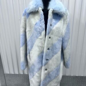 Anthropologie Maeve Light Blue and White Faux Fur Coat